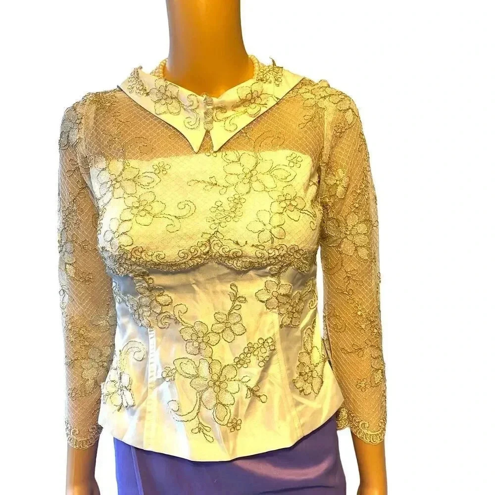 VTG Y2K Floral Lace Handmade Asian Women Traditional Blouse Top Size XS-S